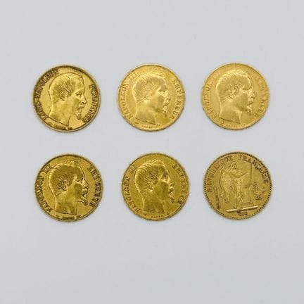 法国
一套六枚拿破仑三世裸头与“天才”图案的20法郎金币
年份分别为1852年、1854年、1855