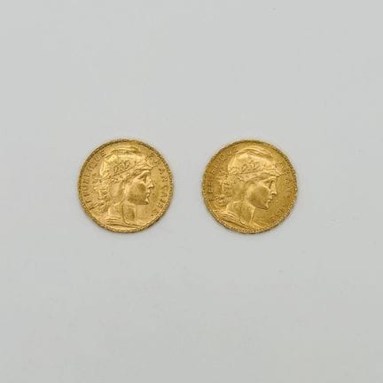 法国
两枚20法郎金币套装（玛丽安娜与公鸡图案）
铸造年份分别为1905年和1909年
原封未拆的密