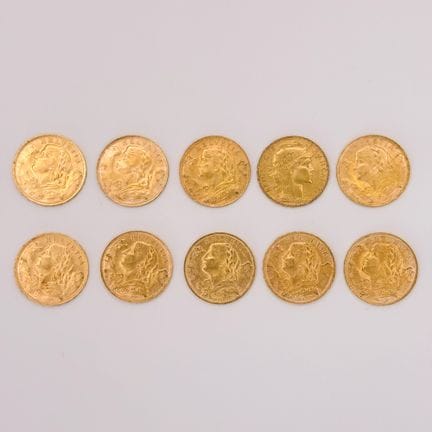 瑞士和法国
一套十枚二十法郎金币
一枚1907年版“玛丽安娜与公鸡”二十法郎金币
九枚1947年版（