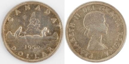 1$ CANADA 1959
A 1959 Canadian $1 coin in 0.800 si