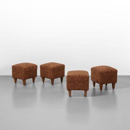 FOUR POUFS  from the 1940s. 
Wooden frames and leg