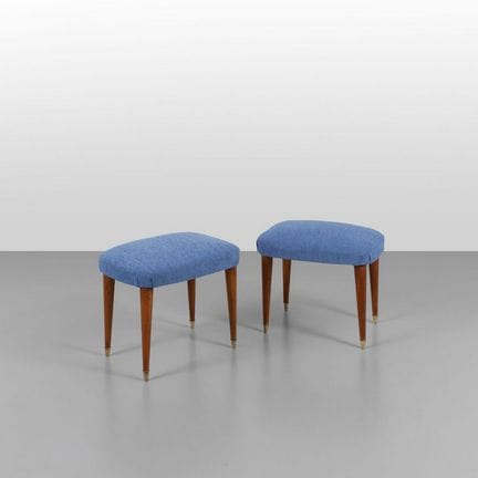 TWO POUFS from the 1940s. 
Cherry wood, fabric-cov