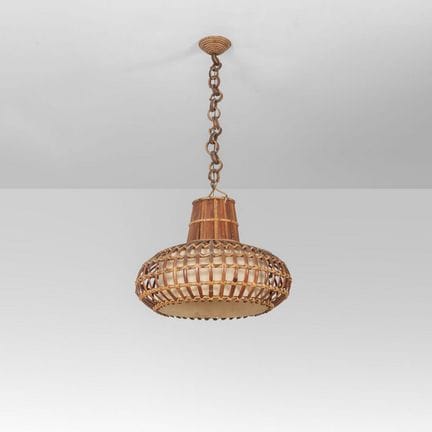 A PENDANT LAMP from the 1960s. 
Rattan, Indian can