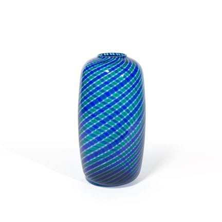 VENINI  1975 ca.
Un vaso a canne blu e verdi ritor