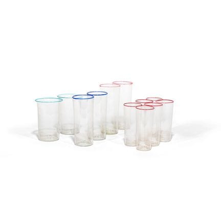 MURANO, 1930s.
Twelve round glasses with rims in v
