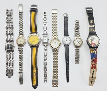 8只钢质手表套装，品牌包括YEMA、LIP、FOSSIL、CALIPSO、ACCESS、KEILTO