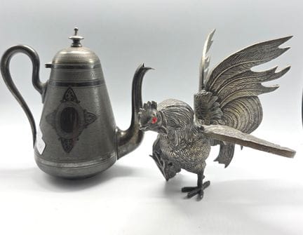 Verseuse en métal argenté - Coq en métal - Encrier