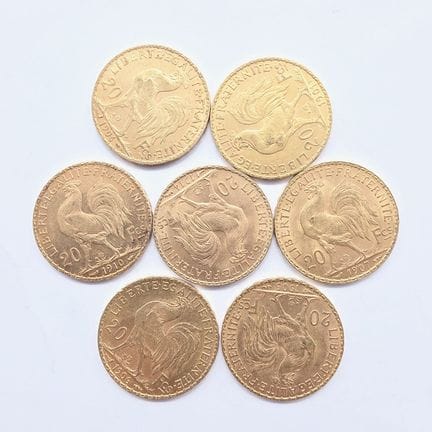 7 Pièces Or 20 Francs au Coq République Française 