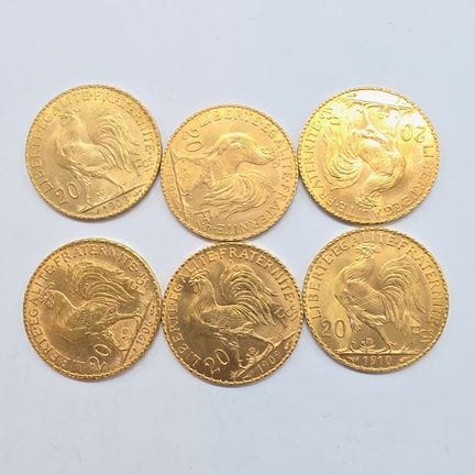 6  Pièces Or 20 Francs République Française au coq