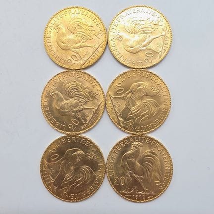 6 Pièces Or 20 Francs République Française au coq 
