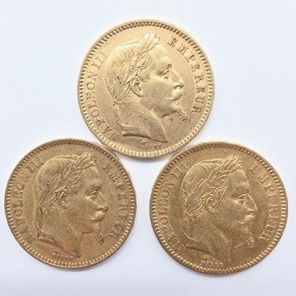 3 Pièces Or 20 Francs Napoléon III Empereur tête l
