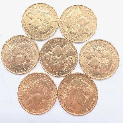 7 Pièces Or 20 Francs au Coq République Française 