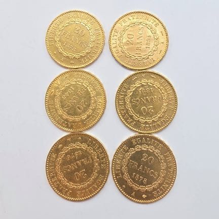 6 Pièces Or 20 Francs République Française Génie -