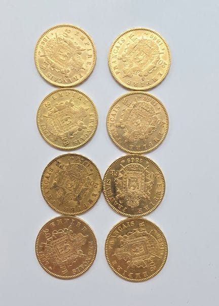 8 Pièces Or 20 Francs Napoléon III Empereur tête L