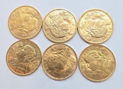 6 Pièces Or 20 Francs Suisse - 1911 - 1914 - 1922 