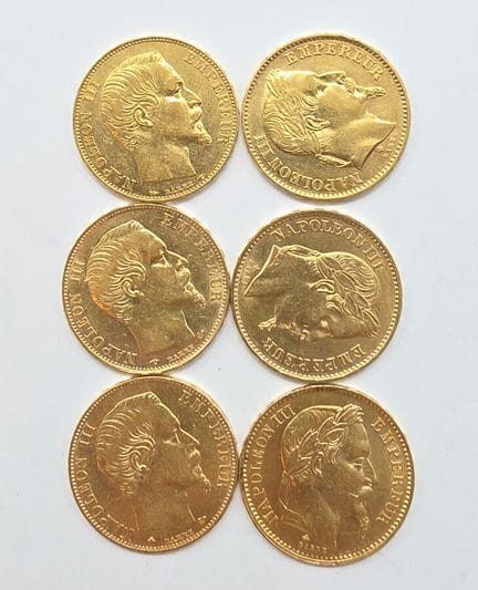6 Pièces Or comprenant : 3 Pièces Or 20 Francs Nap