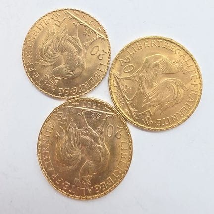 3 Pièces Or 20 Francs République Française au coq 