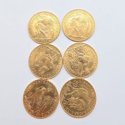 6 Pièces Or 20 Francs République Française au coq 