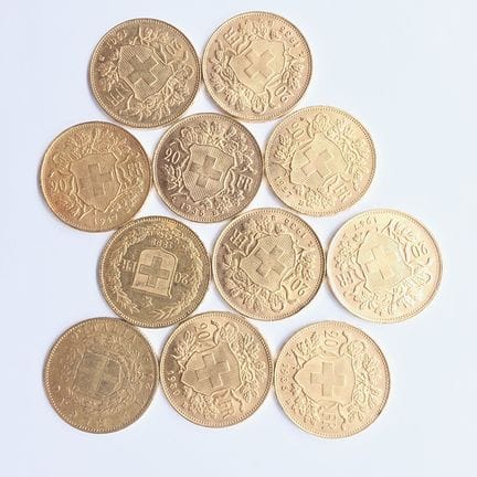11 Pièces Or comprenant :  10 Pièces Or Suisse 20 