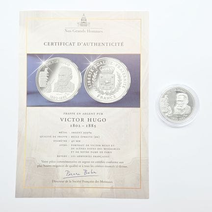 Pièce argent 999°/°° Victor Hugo 1802 - 1885 Belle