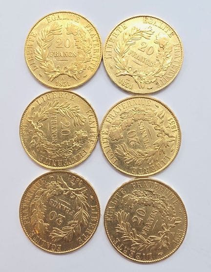 6 Pièces Or 20 Francs République Française Cérès -