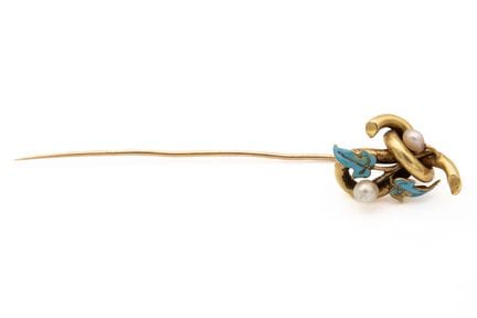 Krawattennadel aus 18 K Gelbgold (750) mit blau em