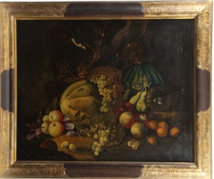 19世纪画派 静物画：水果、昆虫与鸟类。布面油画。
64.5 x 80 厘米 
（原画布整体保存良好