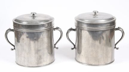 PAIR OF PEWTER FLOUR JARS. Cylindrical body topped