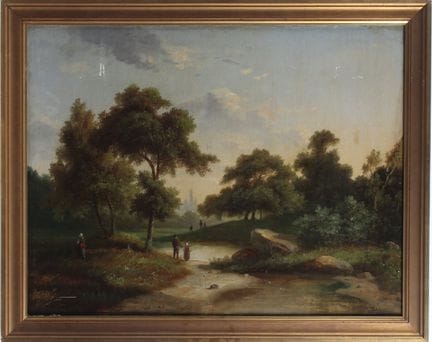 19世纪画派。
一对木板油画《渔夫与散步者》。
尺寸：
高 48 × 宽 61 厘米