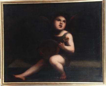 意大利画派。18世纪末。
《演奏音乐的天使》。
布面油画。
57 x 71 厘米。