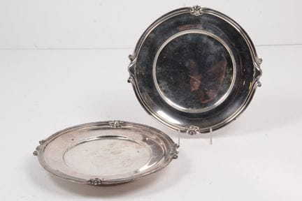 TWO SILVER PLATES ON STANDS, 950 parts per thousan
