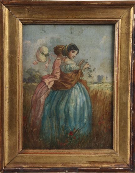 19世纪法国画派。两位优雅的年轻女子。木板油画。
23.5 × 18.5 厘米