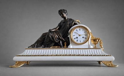 PENDULE en bronze doré et patiné et marbre blanc f