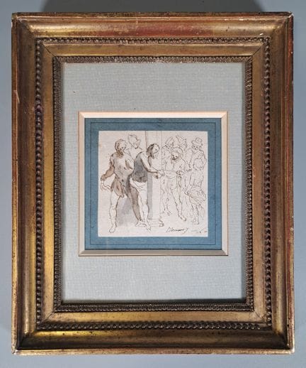 17世纪德国画派
《被捆绑的基督》
纸本水墨与水彩画
右下角署名“Bloemart”
画心尺寸：10