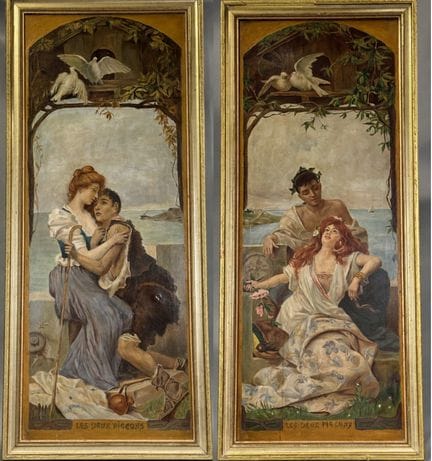 奥古斯特·潘夏尔（1842-1920），据
《两只鸽子》
一对布面油画
100 x 39 厘米
（有