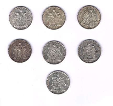 FRANCE
Sept pièces de 10 francs Hercule en argent 