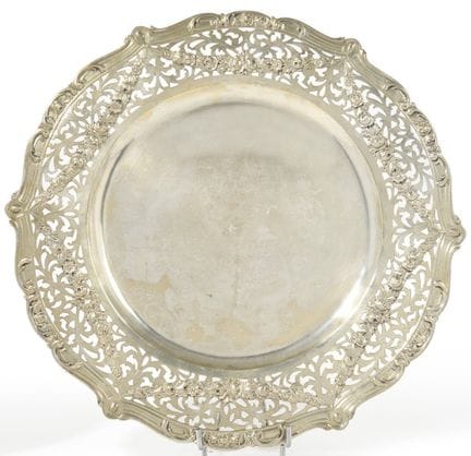 LARGE circular silver platter with a scalloped rim