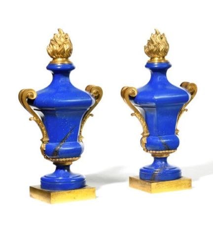 PAIR OF CANDLESTICKS imitating lapis lazuli. The m