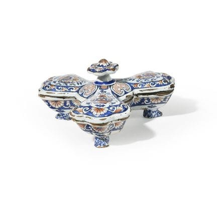 ROUEN,
A rare three-lobed faience spice jar with p