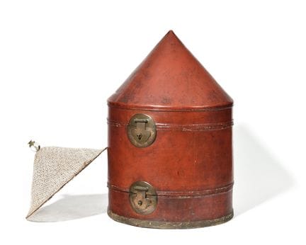 CHINA
Conical hat box made of weathered leather wi