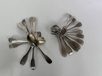 Uniplat-style silver cutlery set consisting of:  
