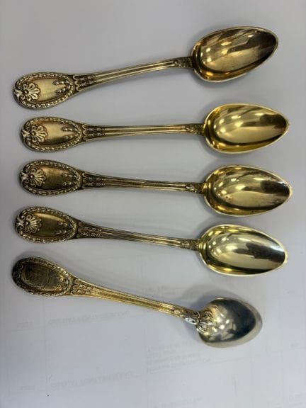 SET OF FIVE vermeil teaspoons decorated in the Lou