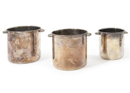 PAIR OF SILVER PLATED METAL COOLERS with leaf-shap