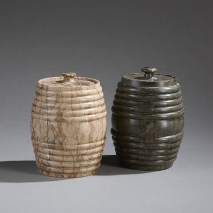 Pair of urn-shaped tobacco jars made of pink- and 