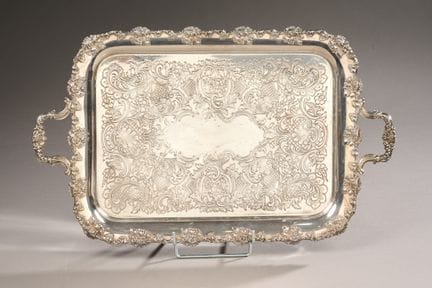 Large rectangular tray with silver plated metal ha