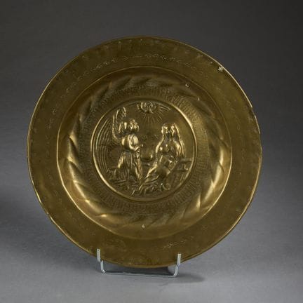 Offering plate made of brass, stamped, repoussé, a