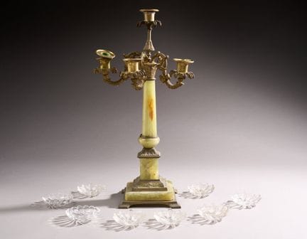 Pair of engraved, ribbed glass candleholders with 