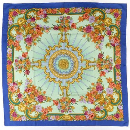 GUCCI.
Silk scarf in shades of blue, gold, green, 