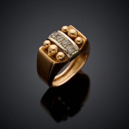 Bague tank en or jaune 750 millièmes, sertie de qu