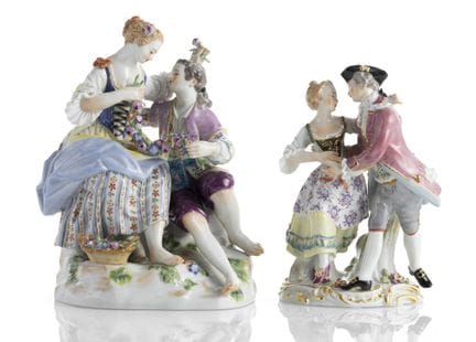 两组雕像
迈森，20世纪

高 15.5/20 厘米

牧羊人夫妇，莱特里茨设计，蓝色剑形标记，一级